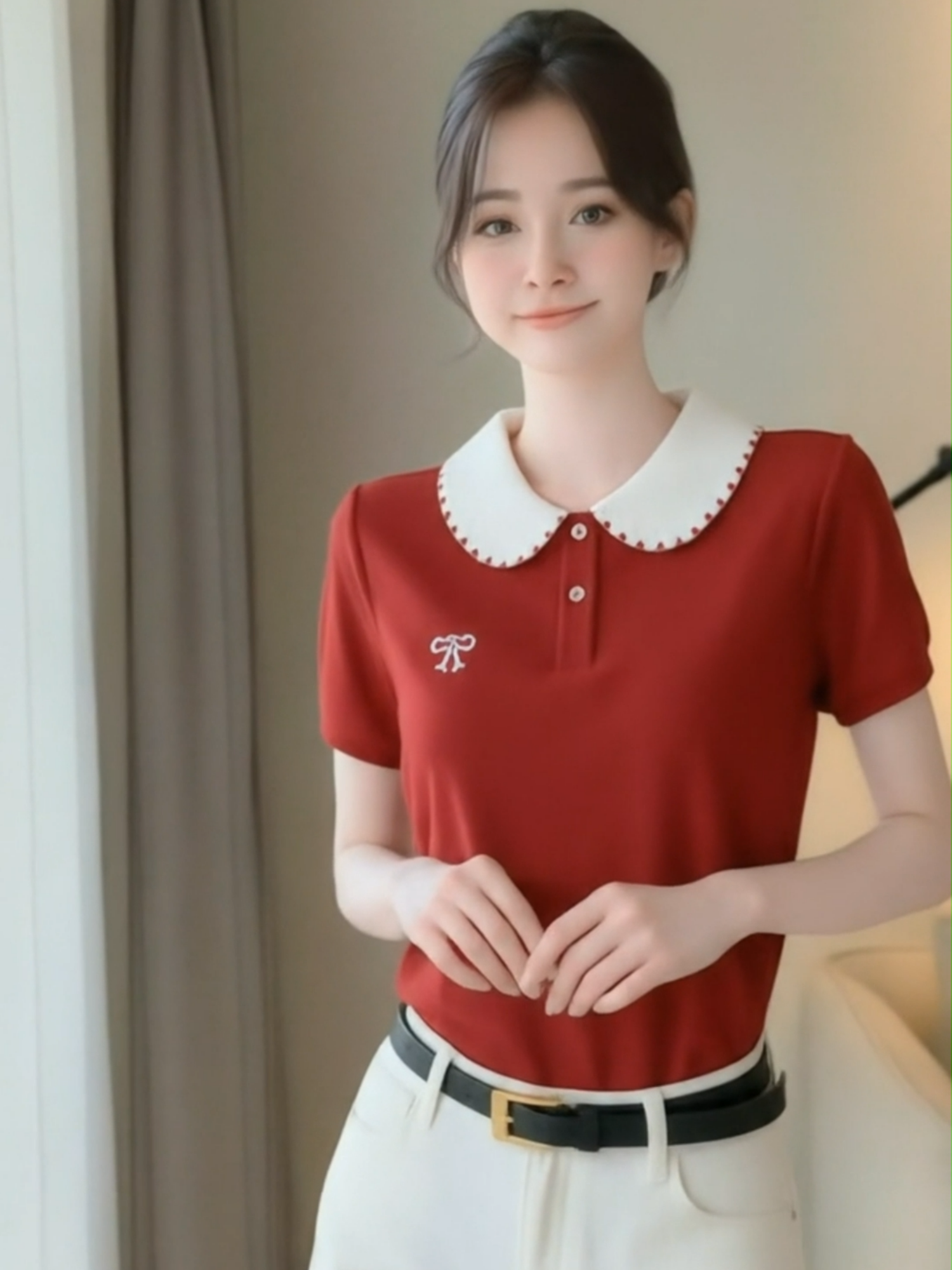 áo Polo nữ thêu nơ cổ cotton tổ ong #motmoingay #thoitrangnu #aodep #aopolonu #xuhuong