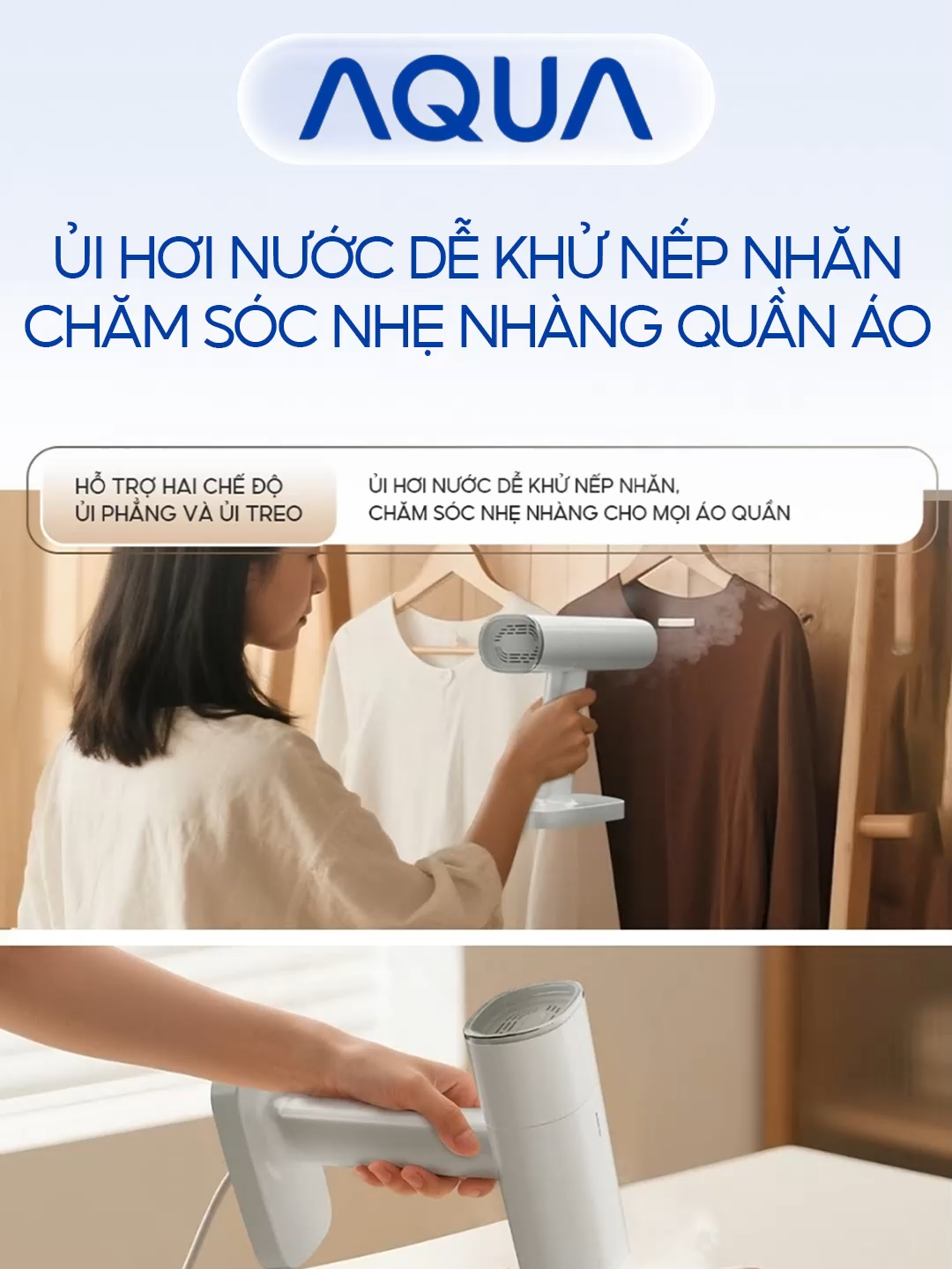 Bàn ủi hơi nước cầm tay Aqua W2598 sẽ giúp bạn giải quyết nhanh chóng. #banuihoinuoccamtay #thangnhanh #nhogon #Aqua #AquaHome #AquaSmallAppliances