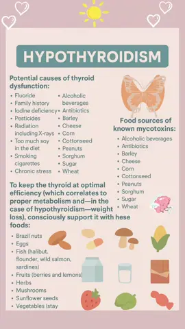 🌿 HYPOTHYROIDISM: What You Need to Know 🌿 ✨ Potential Causes of Thyroid Dysfunction 🚫 Fluoride 🚫 Family history 🚫 Iodine deficiency 🚫 Pesticides 🚫 Radiation (including X-rays) 🚫 Too much soy 🚫 Smoking 🚫 Chronic stress 🚫 Chemicals in tap water 🚫 Xenoestrogens in food & personal care 🥗 Support Your Thyroid with These Foods: ✅ Brazil nuts ✅ Eggs ✅ Fish (wild salmon, sardines, halibut, flounder) ✅ Berries & lemons ✅ Herbs & mushrooms ✅ Sunflower seeds ✅ Vegetables (but avoid cruciferous if thyroid is compromised) 💧 Purified water 🚫 Avoid These Thyroid-Inhibiting Foods: Alcohol, legumes, coffee, dairy, fried food, grains, processed food, soy, refined sugar & artificial sweeteners 💊 Key Vitamins & Minerals for Thyroid Health: 🧂 Iodine – raw material for thyroid hormone (don’t overdo it!) 🌰 Selenium – converts T4 → T3 (Brazil nuts, fish) 🦪 Zinc – hormone production (pumpkin seeds, seafood) 🥩 Iron – oxygen transport & enzyme function 🌿 Magnesium – calms nerves, supports balance ☀️ Vitamin D – modulates immunity & autoimmunity 🥕 Vitamin A – boosts receptor sensitivity ⚡ B Vitamins (esp. B12) – energy & nerve support ✨ Taking small daily steps to nourish your thyroid can help restore balance, improve energy, and support weight & mood stability. #ThyroidHealth #Hypothyroidism #WellnessJourney #HolisticHealing #MetabolismSupport