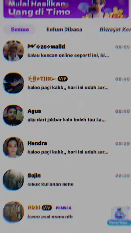 •tutor• 1. instal apk “TIMO” di playstore/appsotre 2. daftarkan akun pake email/fb, isi nama, kelahiran dan kode (VFMRP5) 3. kumpulkan diamond dengan cara balas chat chat  yang masuk, diamond bisa di tukar dalam bentuk uang 4. tarik uang bisa lewat dana  note: jika ada yg mau ditanyakan silahkan dm ya🤗 #timo #freelance #affiliate #fyp 