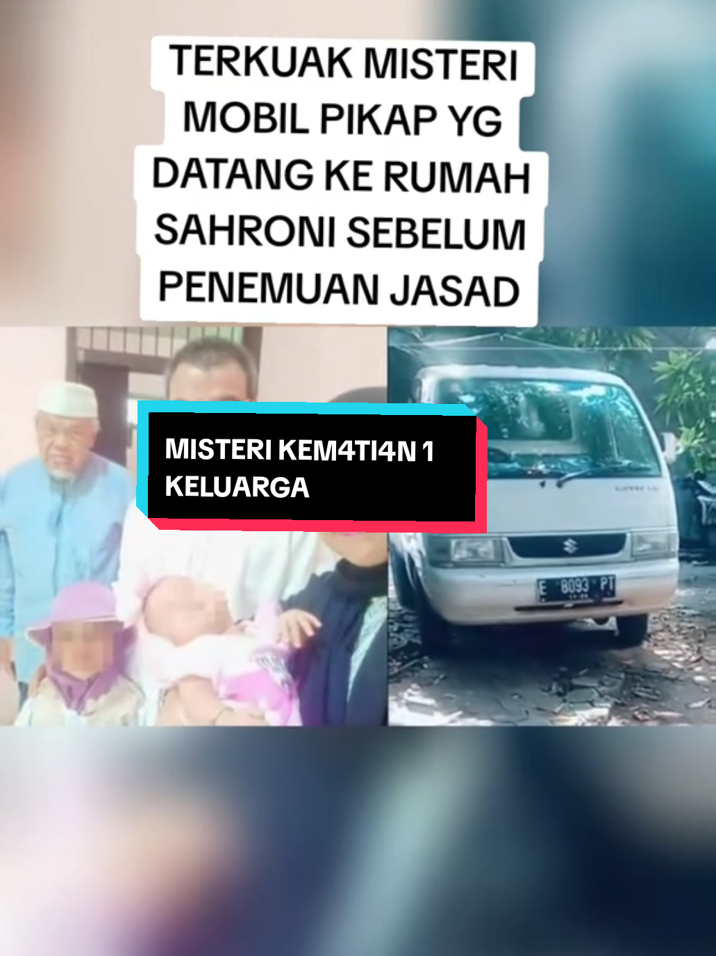KEMATIAN SATU KELUARGA  Terkuak teka-teki mobil pikap yang datang ke kediaman Haji Sahroni (76), beberapa hari sebelum jasad satu keluarga itu ditemukan terkubur di bawah pohon nangka. Warga mengungkap, mobil pikap tersebut datang ke kediaman Haji Sahroni tepat saat memasuki waktu subuh. Warga pun sempat menaruh kecurigaan terhadap keberadaan mobil pikap tersebut. Namun demikian, mobil pikap memang kerap datang ke rumah Haji Sahroni, lantaran mengantar sembako, yang merupakan usaha dari anak Sahroni. tetangga korban, Ami mengatakan kalau warga sekitar sempat mencurigai mobil pick up yang sempat berada di rumah korban. Mobil itu ada di sekitar TKP hanya beberapa hari sebelum korban ditemukan terkubur. Entah mobil itu sama atau tidak dengan pick up yang dilihat oleh warga. Setelah lima jasad ditemukan, warga juga menemukan mobil sedan milik Sahroni. Mobil itu terparkir di pinggir jalan, cukup jauh dari rumah Sahroni. #kasusindramayu #1keluarga #sahroni #fyp #polresindramayu 