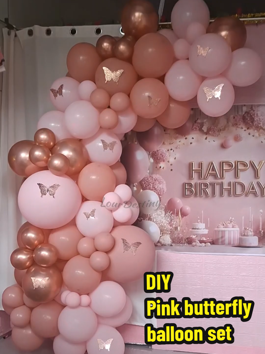 111pcs Pastel Pink Butterfly Balloon Set Retro Pink Latex Balloon Rose Gold Butterfly Decoration, Butterfly Stickers Birthday Backdrop Rain Curtains for Birthday Baby Shower Wedding Party Needs #balloonset #pinkbutterfly💖🦋 #butterflytheme #balloondecor #balloonsetup 