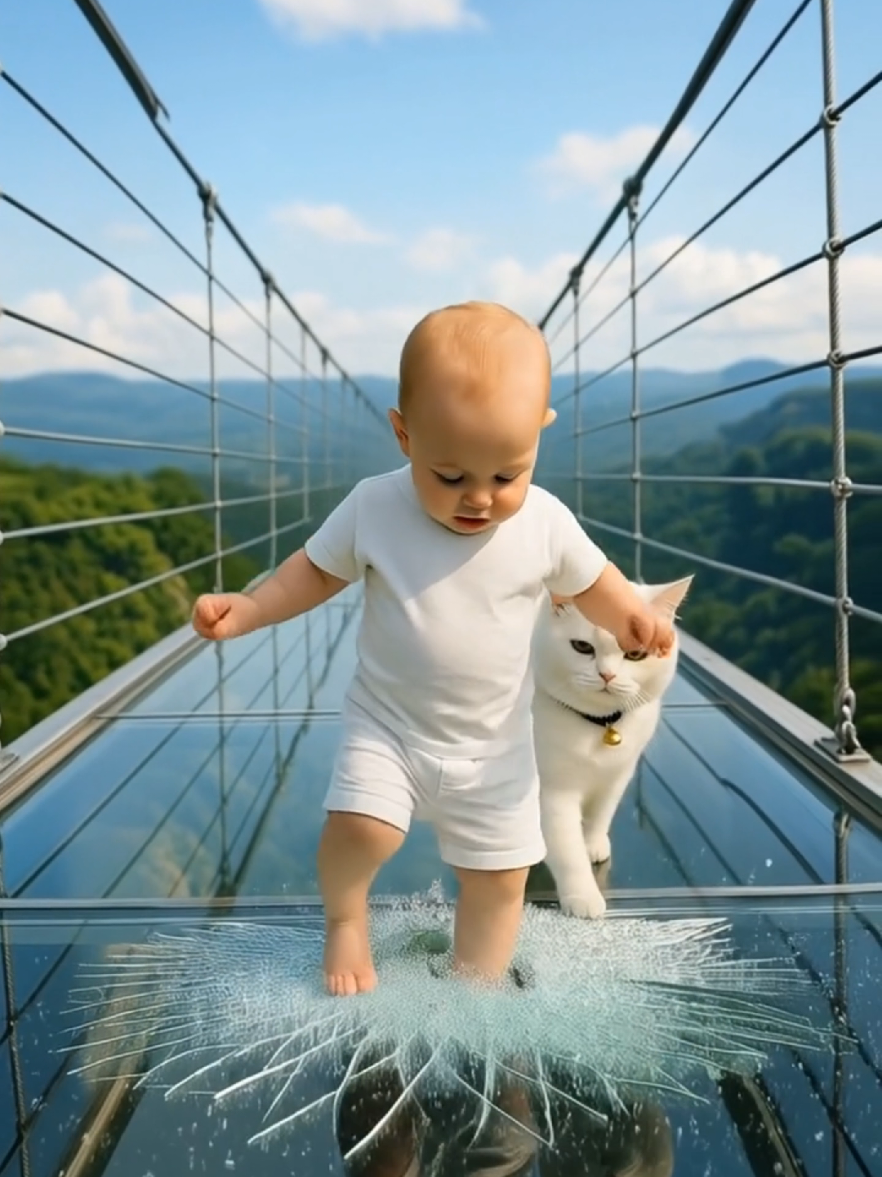 Baby & kity in Glass Bridge  #dream #cat #aicat #viral #tik_tok 
