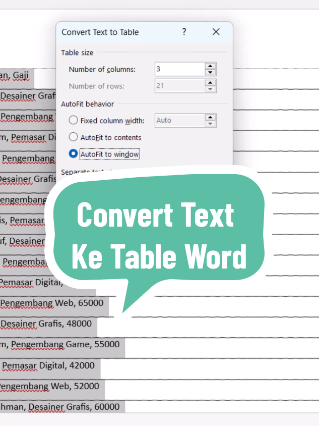 Cara Kilat Convert Data Jadi Tabel di Word Cukup blok data + shortcut, tabel langsung rapi. Tutorial ini wajib dikuasai biar kerjaan makin cepat. 📚 Buku Microsoft Office pemula bisa jadi panduan belajar dasar Word, Excel, PowerPoint. Hashtag: #BelajarWord #WordTips #MicrosoftOffice #WordPemula #shortcutword 