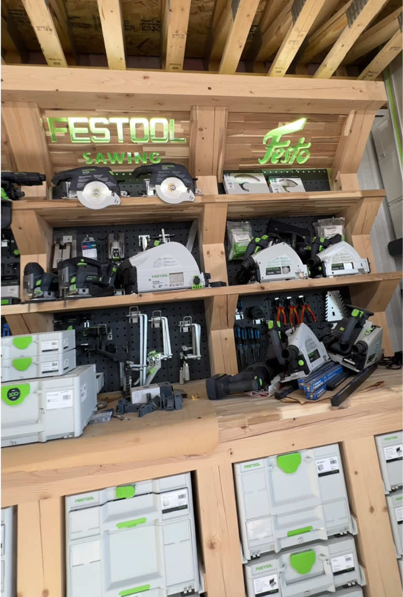 Finishing up the @Festool Canada tool shelves with the backlit signs. Grabbed the TXS 18 drill and mounted the supports and signs and got the light placed in behind and lit it up for the first time 