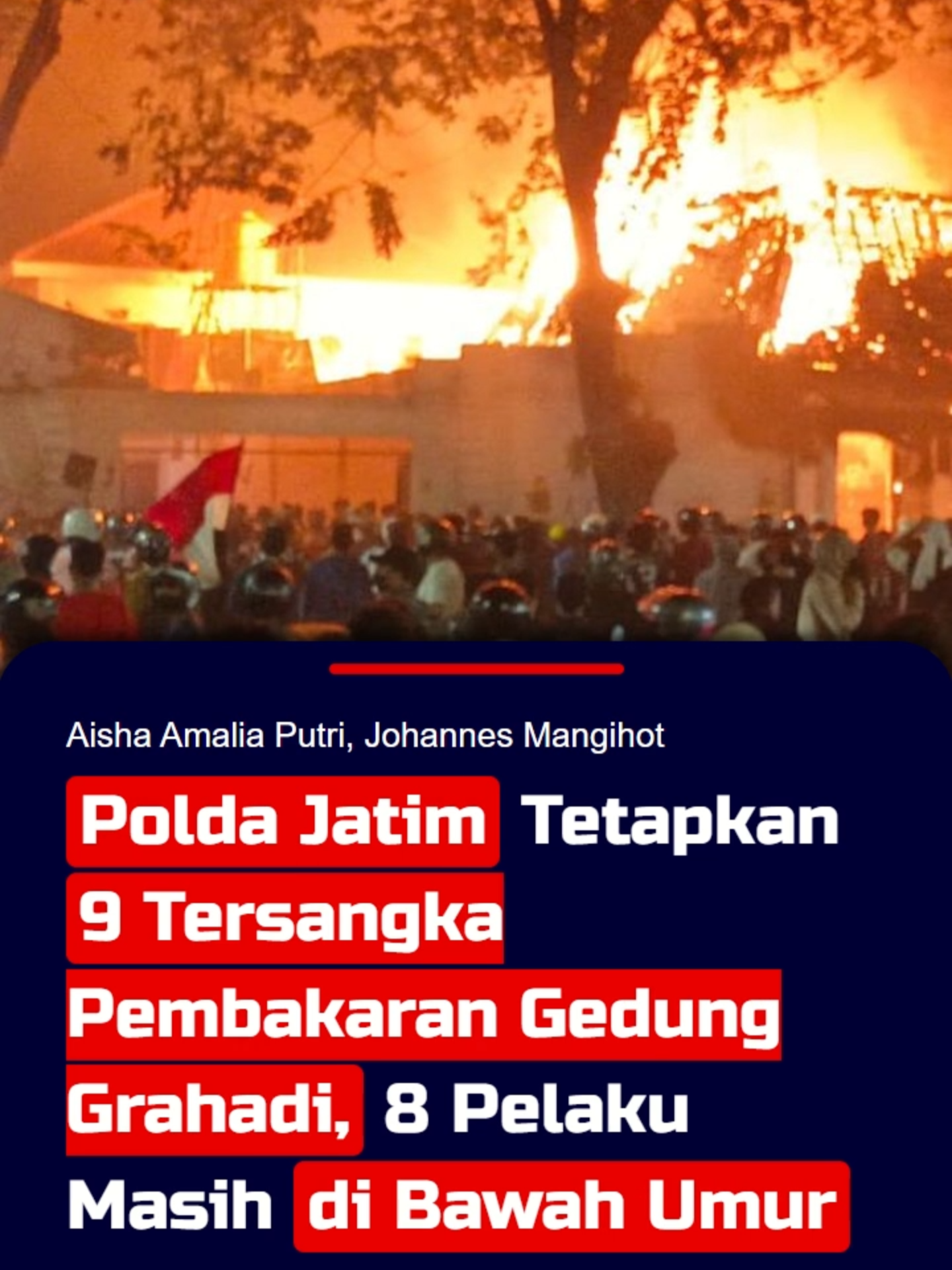 Polda Jatim Tetapkan 9 Tersangka Pembakaran Gedung Grahadi, 8 Masih di Bawah Umur Polda Jawa Timur resmi menetapkan sembilan orang sebagai tersangka kasus pembakaran Gedung Negara Grahadi saat aksi demonstrasi, Sabtu (30/9/2025). Kabid Humas Polda Jatim Kombes Jules Abraham menjelaskan sembilan ini merupakan pelaku pelemparan bom molotov ke Gedung Grahadi Surabaya sehingga mengakibatkan kebakaran.  Salah satunya tersangka AEP (20) asal Maluku yang berdomisili di Sidoarjo. Dia bertugas untuk membuat molotov yang akan dilemparkan ke Gedung Grahadi. Tersangka AEP membuat 5 bom molotov bersama empat tersangka lain yang masih di bawah umur.  Adapun, lanjut Jules, delapan pelaku yang masih anak lainnya berusia 16 tahun sampai 17 tahun. Mereka ada yang bertugas membeli bensin, membuat dan melempar molotov serta mengajak aksi. Sahabat KompasTV juga bisa memperoleh informasi terkini melalui website www.kompas.tv. #poldajatim #gedunggrahadisurabaya #gedunggrahadidibakar #pembakarangedunggrahadi #pembakaran #demosurabaya #tersangka