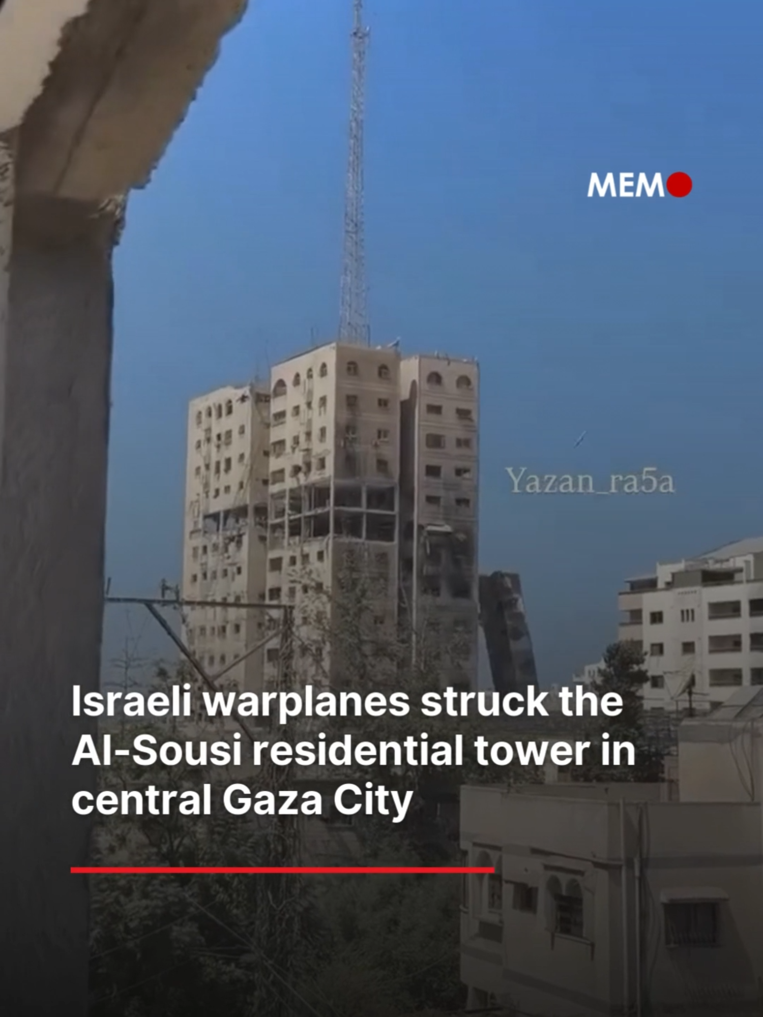 Israeli warplanes targeted and hit the Al-Sousi residential building, located in the heart of Gaza City. Source: @yazan_ra5a