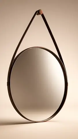 Espelho Redondo Adnet 60cm Moldura Couro Caramelo Moderno Luxo Para Lavabo Sala Quarto Alça Em Couro Com Suporte #espelho #moldura #moderno 