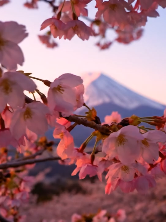 Majestic Mount Fuji Sunrise Cinematic View Our final #WeekendWandering features the iconic Mount Fuji in Japan, seen with the delicate beauty of cherry blossoms. This active volcano is a sacred symbol and a UNESCO World Heritage site. Our slow zoom-out captures the serene majesty of this natural landmark, often depicted in Japanese art and poetry.  #AI #MountFuji #Japan #CherryBlossoms #VirtualVoyager