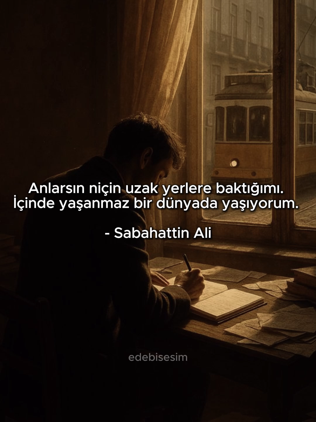 Anlarsın niçin uzak yerlere baktığımı. İçinde yaşıyorum. - Sabahattin Ali Sözler ve şiirler paylaştığım sayfamda seni de aramızda görmekten büyük mutluluk duyarım.🤎👉 @edebisesim #edebiyat #edebisözler #güzelsözler #anlamlısözler #duygusalsözler #kitap #alıntı #söz #şiir #aşksözleri #sabahattinali