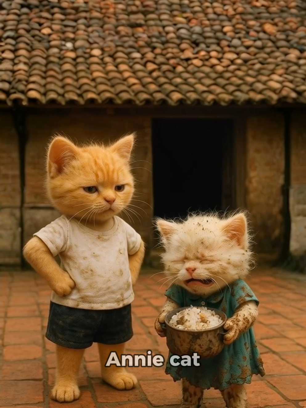 The cat brothers' last pot of rice fell on the muddy road.#sad #fyp #animation #foryoupage #viral #ai #cat #poorcat #aicat 