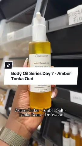 Day 7 of my Body Oil Series ✨ Meet Amber Tonka Oud..rich, elegant, and earthy with notes of driftwood, amber salt, cedar, and tonka bean. No oud in the mix..just pure, luxurious vibes. Who’s ready to smell expensive? . #fragrancetiktok #LuxuryScent #RichFragrance #CleanWoodyVibes #omascosmeticsbodyoils 