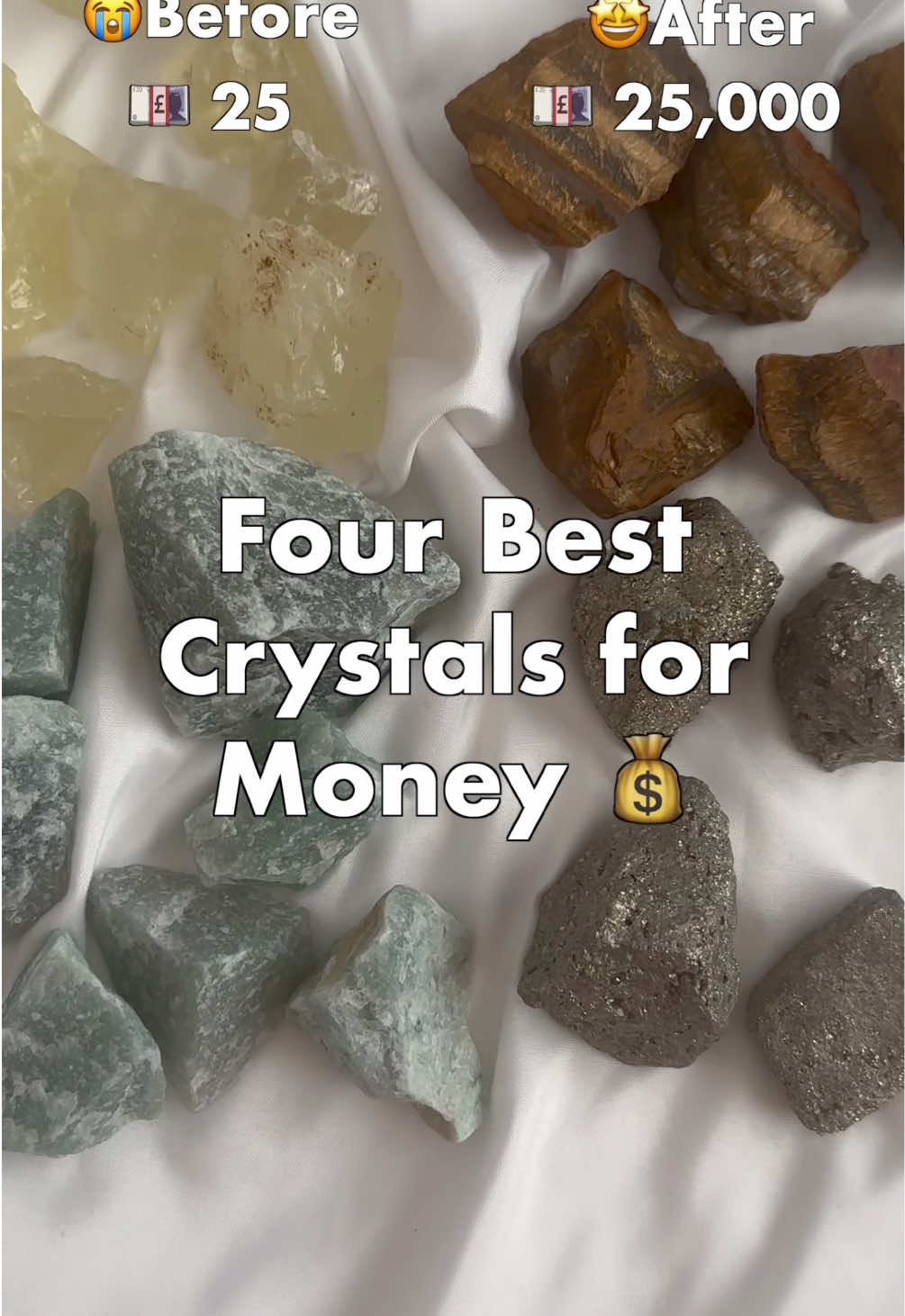 4 Best Crystals for Money Green Aventurine  Known as the ‘luck stone,’ it opens doors to success and fresh opportunities. Tiger’s Eye  A stone of fortune and protection, helping you attract steady money flow and smart financial choices. Pyrite  The ultimate prosperity magnet. It draws wealth, confidence, and golden opportunities. Citrine  The crystal of manifestation, aligning your energy with abundance, joy, and prosperity. #crystaltok #wealthymindset #reiki #crystals #crystalsformoney 