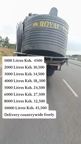 WATER TANKS (KENTANK, TOPTANK, ROTO TANK) AVAILABLE ON OFFER.  1000 Litres Ksh.  4500 2000 Litres Ksh. 10,500 3000 Litres Ksh. 14,500 4000 Litres Ksh. 18,,500 5000 Litres Ksh. 24,500 6000 Litres Ksh. 27,500 8000 Litres Ksh. 32,500 10000 Litres Ksh. 45,500 WE OFFER FREE DELIVERY SERVICES COUNTYWIDE IF INTERESTED.#growmyaccount #pleaseunfrezzemyaccount #mwanainchidistributors #socialmediamarketing #tanks 