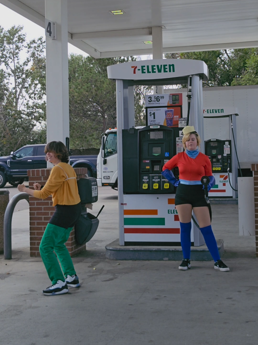 On our way to a friends spongebob themed birthday bash and had to stop for gas... (lowkey Ive always wanted to do this 🤣) #spongebob #mermaidmanandbarnacleboy #invisibleboatmobile #spongebobcosplay #fyp 