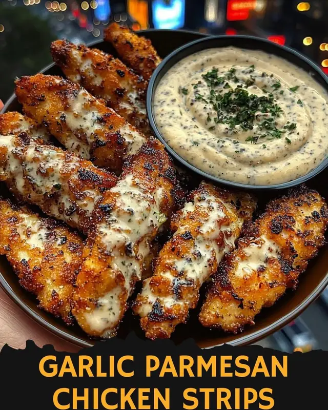 Garlic Parmesan Chicken Strips with Creamy Herb Dip Ingredients: 1 lb (450g) chicken tenders 1 cup breadcrumbs (panko recommended) 1/2 cup grated Parmesan cheese 2 cloves garlic, minced 1/2 teaspoon paprika Salt and black pepper to taste 2 large eggs, beaten 1/2 cup all-purpose flour 1/4 cup unsalted butter, melted Fresh parsley, chopped (for garnish) For the Creamy Herb Dip: 1/2 cup mayonnaise 1/4 cup sour cream 1 tablespoon fresh lemon juice 2 tablespoons chopped fresh dill 1 tablespoon chopped chives Salt and pepper to taste Directions: Preheat oven to 400°F (200°C). Line a baking sheet with parchment paper. Set up three shallow bowls: flour in one, beaten eggs in the second, and a mixture of breadcrumbs, Parmesan, minced garlic, paprika, salt, and pepper in the third. Dredge each chicken tender first in flour, then dip in eggs, and finally coat with the breadcrumb-Parmesan mixture. Arrange coated chicken tenders on the prepared baking sheet. Drizzle or brush melted butter evenly over the strips for extra crispiness. Bake for 18–20 minutes, flipping halfway through, until golden brown and fully cooked (internal temperature 165°F/74°C). For the dip, whisk together mayonnaise, sour cream, lemon juice, dill, chives, salt, and pepper until smooth. Serve chicken strips hot with creamy herb dip on the side. Garnish with chopped parsley.
