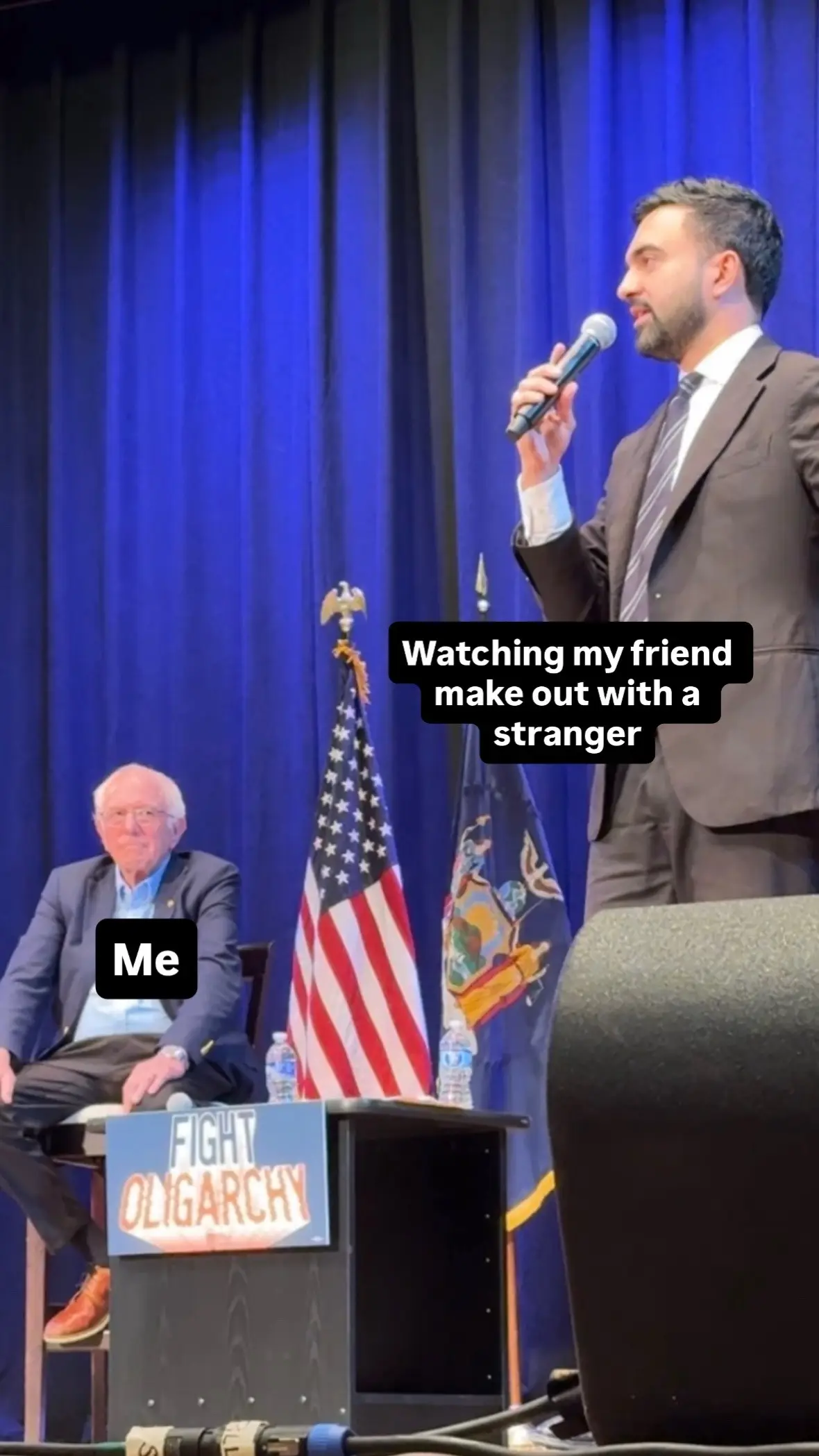 Find someone who looks at you like Bernie looks at Zohran. Attended the Fighting Oligarchy Town Hall with @Zohran Mamdani & #BernieSanders and it’s more apparaent than ever that if we want a better New York, we need to elect #ZohranMamdani mayor of New York. 