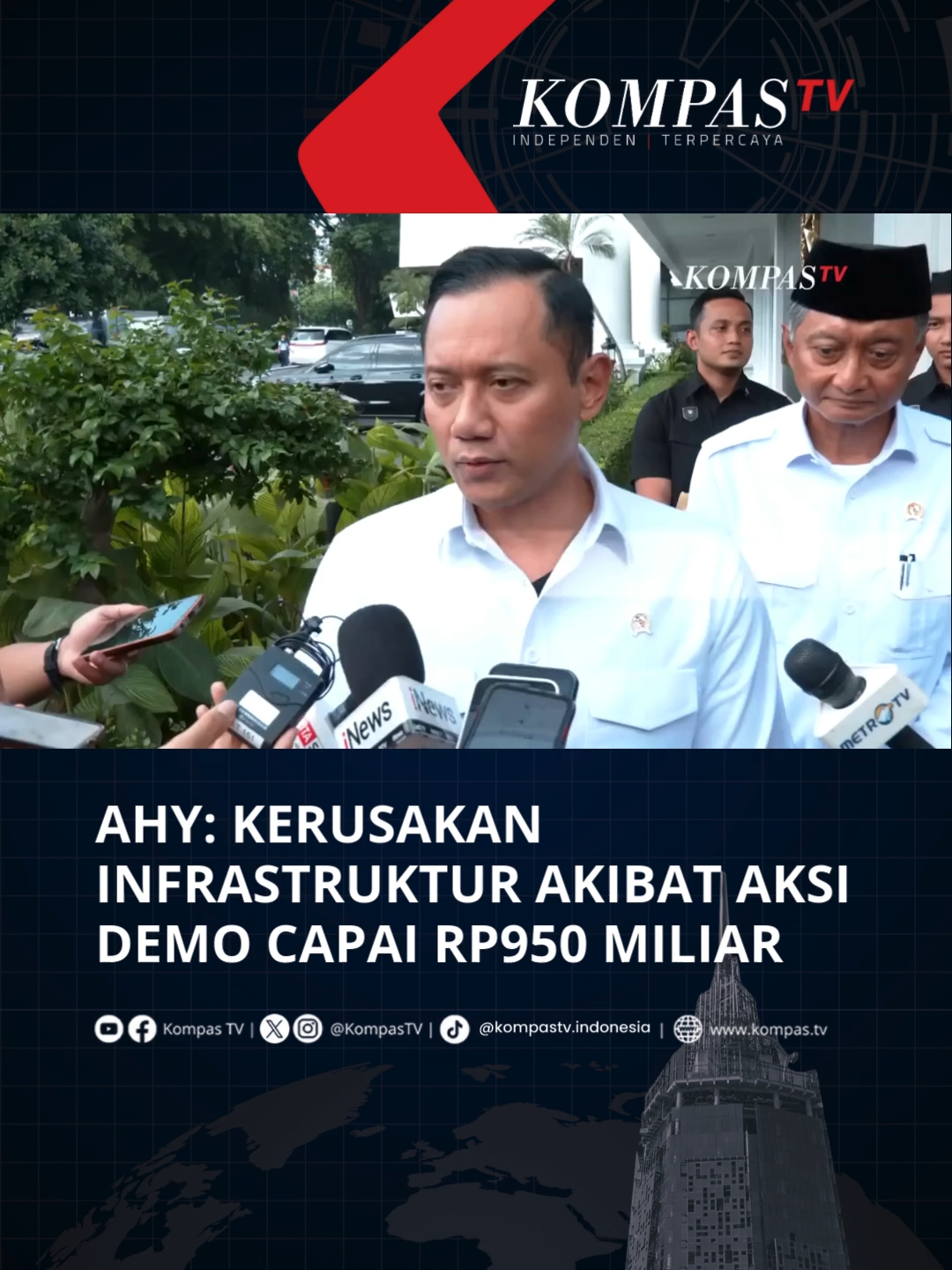 Menteri Koordinator Bidang Infrastruktur dan Pembangunan Kewilayahan Agus Harimurti Yudhoyono (AHY) mengungkapkan nilai kerusakan dari peristiwa aksi unjuk rasa di berbagai daerah mencapai Rp950 miliar. 