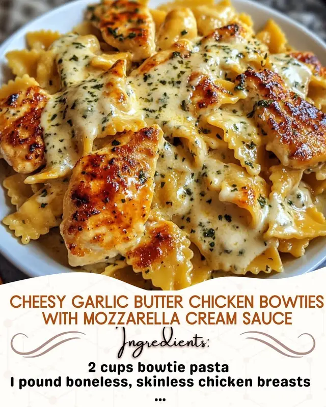 Cheesy Garlic Butter Chicken Bowties with Mozzarella Cream Sauce Ingredients: 2 cups bowtie pasta   1 pound boneless, skinless chicken breasts, cut into bite-sized pieces   2 tablespoons olive oil   4 tablespoons unsalted butter, divided   4 cloves garlic, minced   1 cup heavy cream   1 cup shredded mozzarella cheese   1 teaspoon Italian seasoning   Salt and pepper to taste   Fresh parsley, chopped (for garnish)   1. Cook the bowtie pasta according to package instructions until al dente. Drain and set aside.   2. In a large skillet, heat olive oil over medium heat. Add the chicken pieces, season with salt and pepper, and cook until browned and cooked through, about 5-7 minutes. Remove the chicken from the skillet and set aside.   3. In the same skillet, melt 2 tablespoons of butter. Add the minced garlic and sauté for about 1 minute until fragrant.   4. Pour in the heavy cream and bring to a simmer. Stir in the Italian seasoning and season with salt and pepper.   5. Gradually add the mozzarella cheese, stirring continuously until melted and smooth.   6. Return the cooked chicken to the skillet and add the cooked bowtie pasta. Toss everything together until well coated in the sauce.   7. Stir in the remaining 2 tablespoons of butter until melted and combined.   8. Serve hot, garnished with fresh parsley.   Serves 4   Nutritional Information (per serving):   Calories: 620   Net Carbs: 40g   Protein: 38g   Fat: 36g   Tips & Variations:   For a lighter version, substitute half-and-half for heavy cream.   Add steamed broccoli or spinach for extra veggies and color.