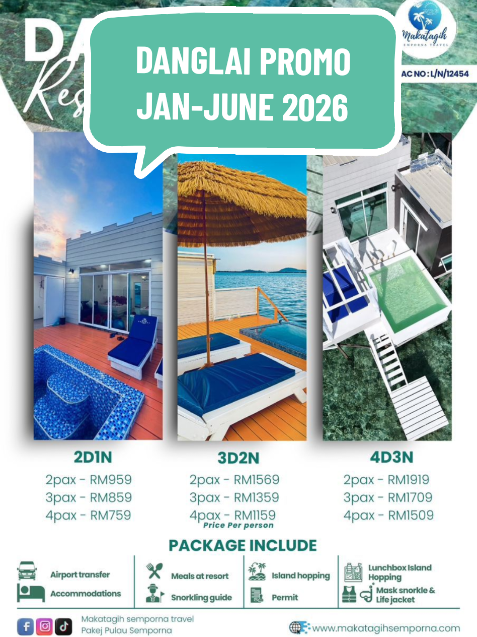 PROMOSI DANGLAI RESORT 🛖 2026 . . Harga promosi ni valid Jan - June 2026❗ BOOKING DEPOSIT 50% / pax untuk Lock room ya..  Pakej include :- ✔️ Transfer airport ✔️Transfer boat ✔️ Island hopping ✔️ Accomodation  ✔️ Private room with balcony & pool ✔️ Tea time,dinner,breakfast ✔️ Friendly Tour guide  ✔️ Friendly photographer  Semua bergantung dengan T & C.. Boleh contact Atie untuk details pakej 🤗 📱o1o-9-8-9-1-6-3-1 #pakejpulausemporna #makatagihsempornatravel #semporna #pakejpromo #traveltiktok 