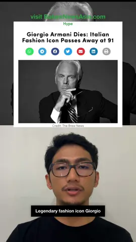 Giorgio Armani Dies: Italian Fashion Icon Passes Away at 91. Born in Piacenza in 1934, Armani first studied medicine before moving into fashion in the 1960s. After working at La Rinascente and later designing for Nino Cerruti, he co-founded Giorgio Armani in 1975 with his partner Sergio Galeotti. His vision of unstructured jackets, refined silhouettes, and androgynous designs reshaped both menswear and womenswear. #armani #giorgioarmani #fashion #fashionnews #worldnews 