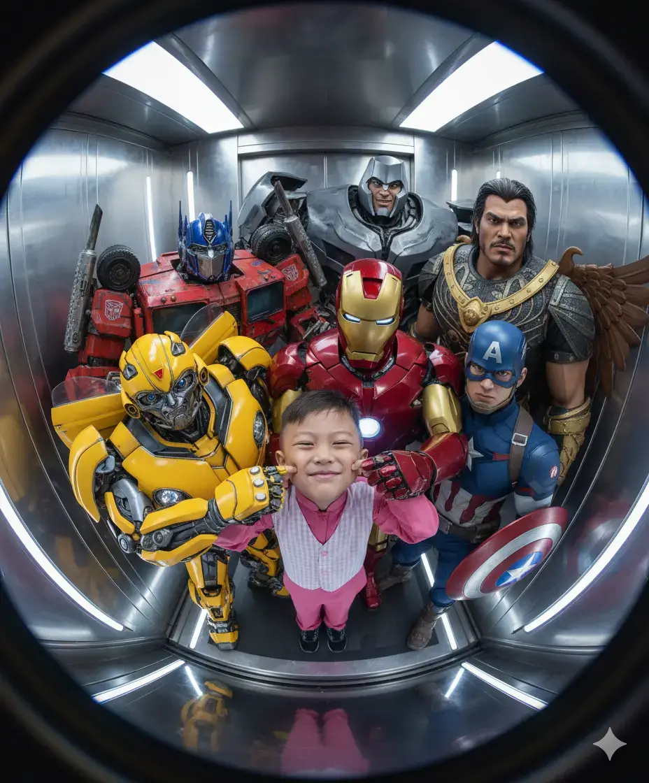 cara mudah 1.buka aplikasi Gemini  2.tambahkan foto 3.copas promt dibawah ini Buat foto selfie ultra-realistis 3D format vertikal 9:16 dengan lensa fisheye (gunakan gambar saya yang disediakan dengan tepat) bersama Bumblebee, Optimus prime,ironman, captain America,megatron,dan Gatot kacca,Kami semua tersenyum (kecuali saya, yang menampilkan ekspresi smirk dengan mulut tertutup), dan mereka dengan bercanda mencubit pipi saya kecuali Gozila yang selalu murung dan serius. Latar di dalam lift. Sudut kamera tinggi. Distorsi fisheye ekstrem. Pencahayaan realistis dan sinematik, diambil dengan DSLR 4K hiper-realistis. Gambar harus ultra-realistis, sangat detail, 4K HD mentah, fotorealistik, pencahayaan sinematik, rentang dinamis tinggi, dan tekstur yang nyata seperti aslinya.#fyp #promtgemini #superhero 