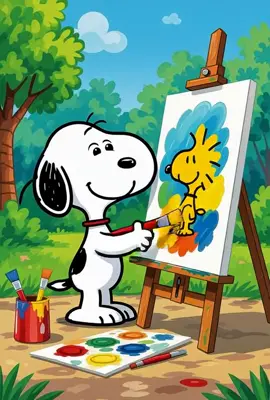 Snoopy dipinge il suo migliore amico… e voi come state trascorrendo questa domenica? 🖼️🖌️ #Snoopy #Peanuts #CharlieBrown 
