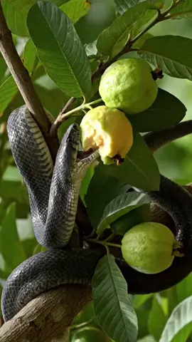 A black mamba started chewing and eating a lot of guavas growing on a tree #snake #zoo #fyp 