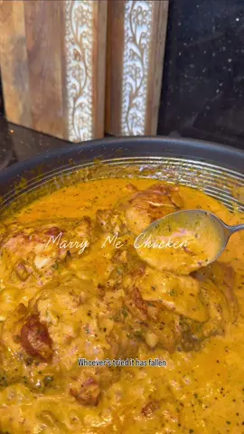 “Marry Me” 💍 (English recipe below ⬇️) ‎دستور پخت ‎آماده کردن مرغ ‎مرغ‌هارو حسابی با پاپریکا، پودر سیر، پودر پیاز، نمک و فلفل سیاه مزه‌دار کن. ‎سرخ کردن مرغ ‎توی یه تابه بزرگ روغن بریز و بذار داغ بشه (حرارت متوسط رو به زیاد). ‎مرغ‌هارو ۴–۵ دقیقه هر طرف سرخ کن تا طلایی بشن. لازم نیست کامل بپزن. بعد بذارشون کنار. ‎درست کردن سس ‎توی همون تابه پیازو تفت بده تا نرم بشه (حدود ۳ دقیقه). ‎بعد سیر و گوجه خشک خرد شده رو اضافه کن و یه دقیقه تفت بده. ‎یه قاشق رب گوجه هم بریز و ۱–۲ دقیقه هم بزن تا خوش‌طعم بشه. ‎حالا آب مرغ رو اضافه کن و ته تابه رو هم بخراش تا همه مزه‌ها بیاد توی سس. ‎ترکیب کردن ‎مرغ‌هارو برگردون توی تابه. یه کم از سس رو روشون بریز. ‎در تابه رو بذار تا مرغ کامل بپزه. ‎اضافه کردن خامه ‎حرارتو بیار پایین. خامه و ریحان خشک رو بریز. ‎۵–۱۰ دقیقه بذار آروم قل بزنه تا سس غلیظ و کرمی بشه. ‎سرو کردن ‎مزه‌اش رو بچش و اگه لازم بود نمک یا فلفل بیشتر بزن. ‎آخر سر با ریحون یا جعفری تازه تزیین کن. ‎🍽️ نکته سرو: این مرغ با پاستا، برنج یا پوره سیب‌زمینی خیلی می‌چسبه چون سس خامه‌ای-گوجه‌ای حسابی خوشمزه‌ست Instructions 	Prepare chicken 	Season generously with paprika, garlic powder, onion powder, salt, and black pepper. 	Sear the chicken Heat olive oil in a large skillet over medium-high heat. 	Sear chicken for 4–5 minutes per side until golden brown (don’t worry if it’s not fully cooked yet). 	Remove and set aside. 	Build the sauce 	In the same pan, sauté onion until softened (about 3 minutes). 	Add garlic and chopped sun-dried tomatoes, cook another minute. 	Stir in tomato paste and let it cook for 1–2 minutes to deepen the flavor. 	Pour in chicken broth, scraping up any browned bits from the pan. 	Combine 	Return chicken to the skillet. Spoon some sauce over it. 	Cover and let the chicken cook through  	Finish with cream 	Lower the heat to medium-low. Stir in heavy cream and dried basil. 	Simmer gently 5–10 minutes until the sauce thickens and turns creamy. 	Serve 	Taste and adjust seasoning. 	Garnish with fresh basil or parsley if desired. 🍽️ Serving Tip: This version goes beautifully over pasta, rice, or even mashed potatoes since the tomato-cream sauce is extra flavorful. ‎#مرغ #خامه  #غذا #آشپزی  #fyp #marrymechicken #marryme #italianfood 
