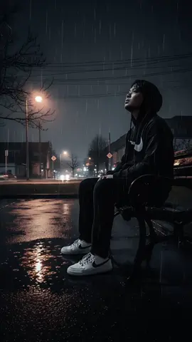 EMOTIONAL PROMPT GEMINI✨ Create a Picture showing a young Filipino man in his 20s ideal body sitting alone on a park bench when it rains at night. A young man with a middle part hairstyle looks wet from the rain, wearing a black jacket over a white T-shirt with the word 