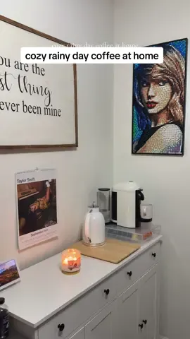 featuring my swiftie coffee bar 🫶🤍☕️ #taylorswift #swiftok #coffeebar #rainyday #cozyathome @Starbucks @Nespresso @Bath & Body Works @Taylor Swift @Le Creuset 