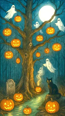 Beneath the full moon, the lantern tree stood glowing in the heart of the forest. Dozens of jack-o’-lanterns swayed from its branches, lit by drifting ghosts who tended them like stars. At the roots, a black cat perched on a crooked gravestone, its golden eyes gleaming. Travelers whispered that if you dared to stand beneath the tree at midnight, one of the lanterns would whisper your name and your fate for the year to come.