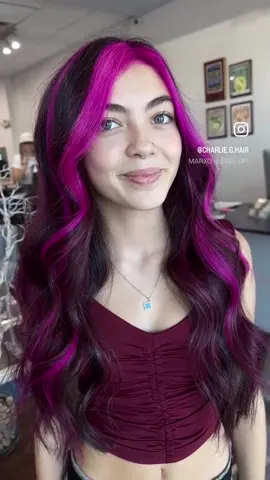 Serving major Y2K vibes ✨ Chunky, bold magenta highlights meet glossy brunette for the ultimate throwback, but with a modern twist. 💕 Because who said the 2000’s ever went out of style? 😉🔥 #hair #charlieghair #hairbycharlieg #floridahair #floridahairstylist     