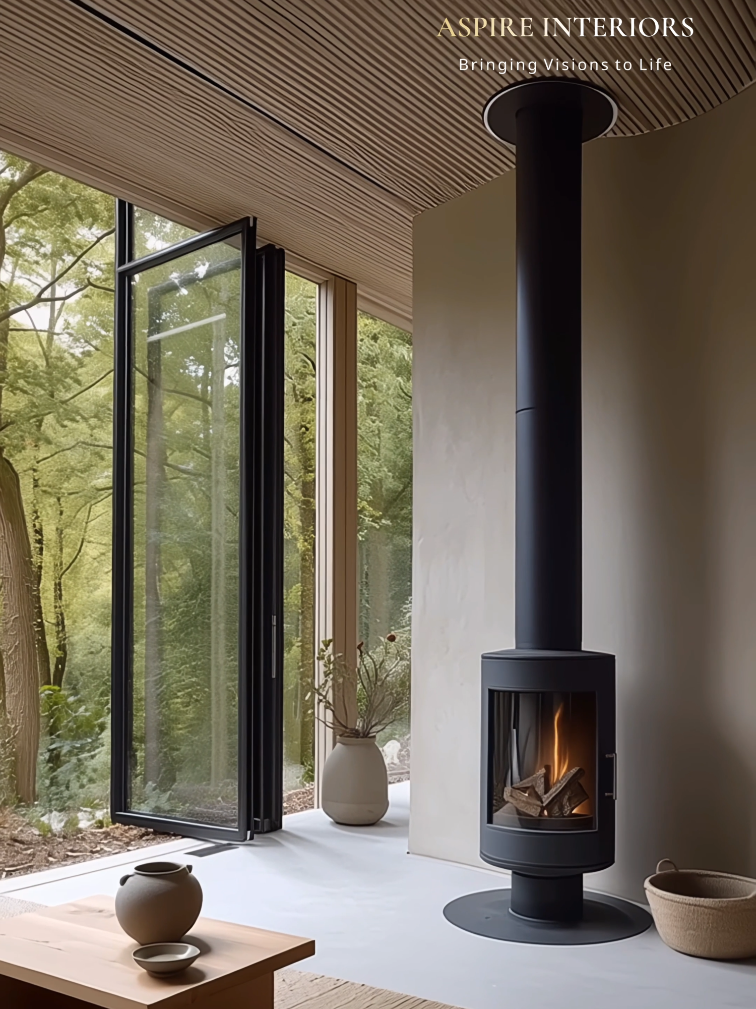 Cotswolds Woodland Minimal Concrete, Oak & Black Steel with Woodland Views Aspire Interiors A contemporary Cotswolds retreat: flush limewashed plaster, polished concrete, oak and blackened steel, minimally framed glazing to a woodland valley. Highlights include a double‑sided stove between snug and dining, a carved stone tub with a sealed stove, and an outdoor ice bath terrace under a timber slat canopy. #Cotswolds #WoodlandMinimal #PolishedConcrete #BlackenedSteel #Oak #LogBurner #LimewashPlaster #ArchitecturalPhotography #CountryRetreat #DesignStudio
