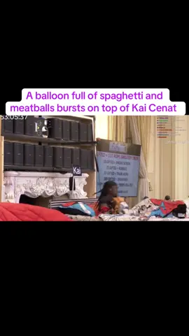 A balloon full of spaghetti and meatball Bursts on top of Kai Cenat #k#kaicenat