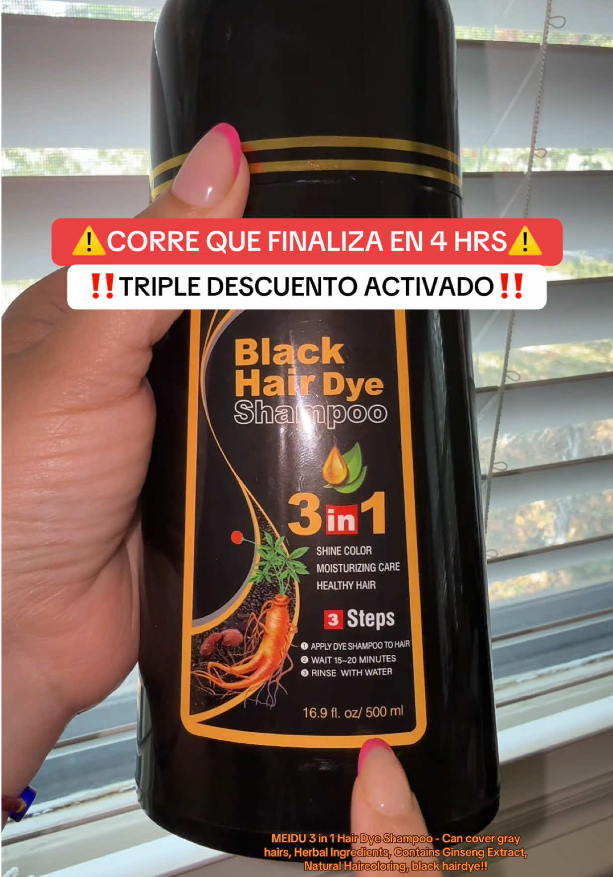 MEIDU 3 in 1 Hair Dye Shampoo - Can cover gray hairs, Herbal Ingredients, Contains Ginseng Extract, Natural Haircoloring, black hairdye!! Disclaimer:Resultados pueden variar de persona a persona. ¡Los precios, cupones y envío pueden variar! El precio final depende de sus descuentos disponibles + el equipo de marketing de las marcas. ¡Toca el carrito de naranja para ver la oferta actual! @MEIDU STORE #shampoohair #dyeshampoo #cancovergrayhairs #tiktokshoplabordaysale #tiktokshopcreatorpicks