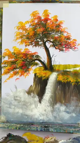 An Autum Tree easy under sunshine with shadow on waterfall painting #reflectionpainting #AcrylicPainting #ArtTutorial #autumntree #PaintingTutorial 