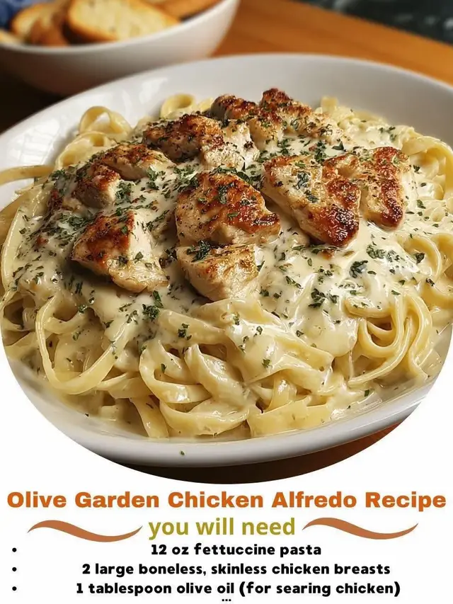 🍝 Olive Garden Chicken Alfredo Recipe Ingredients: 	•	12 oz fettuccine pasta 	•	2 large boneless, skinless chicken breasts 	•	1 tbsp olive oil (for searing chicken) 	•	4 tbsp butter 	•	3 cloves garlic, minced 	•	2 cups heavy cream 	•	1 cup freshly grated Parmesan cheese 	•	½ cup grated Romano cheese (optional, for extra flavor) 	•	Salt & black pepper, to taste 	•	2 tbsp chopped parsley (for garnish) ⸻ Directions: 	1.	Cook the pasta 	•	Boil fettuccine in salted water until al dente. Drain and set aside. 	2.	Cook the chicken 	•	Season chicken breasts with salt and pepper. 	•	Heat olive oil in a skillet over medium-high heat. 	•	Sear chicken 5–6 minutes per side until golden brown and cooked through (internal temp 165°F / 74°C). 	•	Remove, let rest for a few minutes, then slice into strips. 	3.	Make the Alfredo sauce 	•	In the same skillet, melt butter over medium heat. 	•	Add garlic and sauté for 1 minute until fragrant. 	•	Stir in heavy cream and bring to a gentle simmer. 	•	Add Parmesan (and Romano if using) and whisk until smooth and creamy. 	•	Season with salt and pepper to taste. 	4.	Combine 	•	Toss cooked fettuccine in the Alfredo sauce until well coated. 	•	Top with sliced chicken. 	5.	Serve 	•	Garnish with parsley and extra Parmesan. 	•	Serve immediately with warm breadsticks for the true Olive Garden experience! ⸻ ✨ Rich, creamy, and just like the restaurant favorite—only better homemade! #uniquerecipes #foodtutorials #homemade #gourmet #foryou 