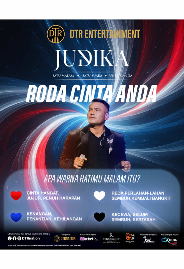 ✨ PILIH WARNA HATIMU ✨  Setiap hati membawa rasa yang berbeza. ❤ Ada yang sedang mencintai, 💙 ada yang merindui, 🖤 ada yang masih terluka, dan 🤍 ada yang belajar reda untuk mula semula. Dress Code Rasmi Konsert : Pilih salah satu warna hatimu merah, biru, hitam atau putih dan pakai pada malam Judika Live in Malaysia 2025. Pada malam istimewa itu, semua warna hati ini akan bersatu di dalam satu stadium. Sama ada merah, biru, hitam atau putih, setiap emosi akan bergema bersama ribuan penonton pada 15 November nanti. Malam itu, kita tidak perlu berkata apa-apa, cukup dengan warna.  Inilah malam suara, jiwa dan cinta… untuk anda. 📅 15 November 2025  📍 Stadium Hoki Nasional Bukit Jalil Ikuti laman media sosial kami untuk info lebih lanjut melalui:  Facebook: https://bit.ly/FB_DTRnation Instagram: https://bit.ly/IG_DTRnation TikTok: https://bit.ly/TT_DTRnation #DTRnation #JudikaXDTRnation #JudikaLiveInMalaysia2025 #JudikaMY2025 #VisitMalaysia2026 