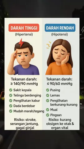 Berikut perbedaan *Darah Tinggi (Hipertensi)* vs *Darah Rendah (Hipotensi)*: *DARAH TINGGI (Hipertensi):* - *Tekanan darah:* ≥ 140/90 mmHg   - *Gejala umum:*     - Sakit kepala     - Telinga berdenging     - Penglihatan kabur     - Dada berdebar     - Mudah marah/tegang   - *Risiko:* stroke, serangan jantung, gagal ginjal   --- *DARAH RENDAH (Hipotensi):* - *Tekanan darah:* ≤ 90/60 mmHg   - *Gejala umum:*     - Pusing     - Lemas     - Penglihatan berkunang-kunang     - Mual     - Pingsan   - *Risiko:* kurang oksigen ke otak & organ vital   Keduanya perlu dikontrol, apalagi kalau gejalanya mengganggu.#pouryoupage #edukasitiktok #fyp #darahtinggi #darahrendah 