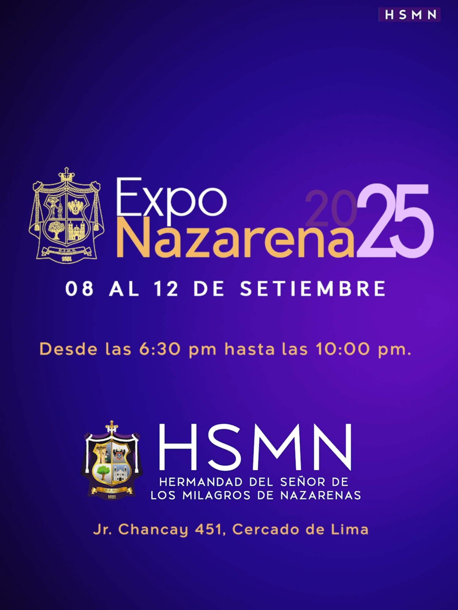 Expo Nazarena 2025 Estimados hermanos, hermanas y feligresía en general: Nuestra Hermandad del Señor de los Milagros de Nazarenas abre sus puertas a todos nuestros hermanos y fieles que deseen conocer la historia de las cuadrillas y grupos que conforman nuestra Institución. Los esperamos del 08 al 12 de setiembre de 2025, desde las 6:30 p.m. hasta las 10:00 p.m., en Jr. Chancay 451, Cercado de Lima. Asimismo, contaremos con una programación especial de Canal HN, canal oficial de la Hermandad del Señor de los Milagros de Nazarenas, y con un recital de marchas procesionales que enaltecerá nuestra tradición nazarena. Síguenos en nuestras redes sociales: https://linktr.ee/HSMNazarenas #ExpoNazarena2025 #HSMNazarenas #CanalHNazarenas #RumboAlMesMorado
