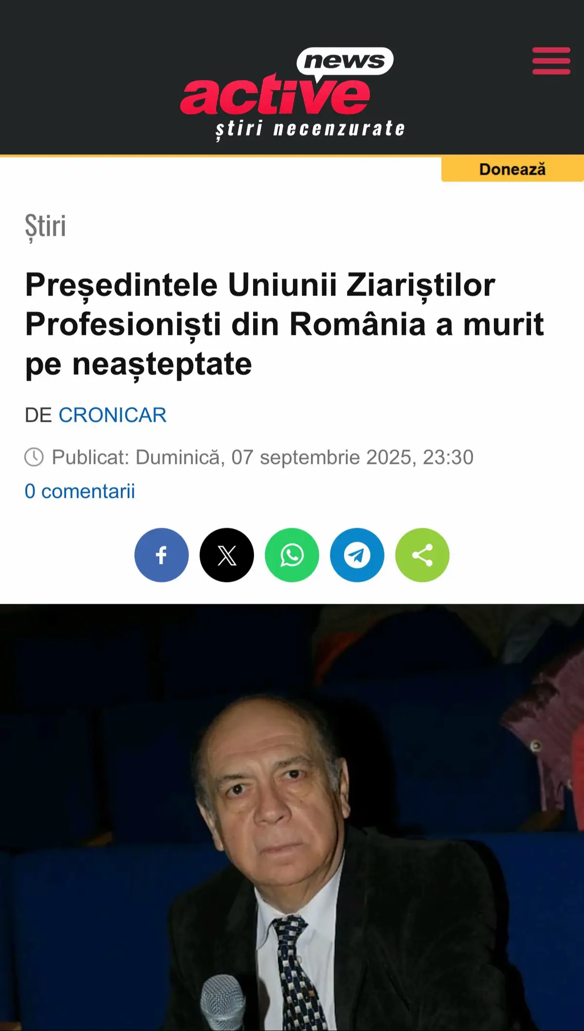 Uniunea Ziariștilor Profesioniști din România (UZPR) a anunțat dispariția neașteptată a președintelui Sorin Stanciu, transmite ȘtiripeSurse. El îl urmează pe fostul președinte, inimosul și regretatul Doru Dinu Glăvan, care a murit acum trei ani în spitalul din Reșița, în urma aplicării „Protocolului Covid”, deși s-a îmbolnăvit în același timp cu vicepreședintele UZPR, Miron Manega, acum senator, care s-a tratat cu Arbidol și Ivermectină. Sorin Stanciu a fost ales în funcția de președinte al UZPR în iulie 2024, el a contribuit decisiv la creșterea vizibilității Uniunii și la implicarea acesteia într-o serie amplă de manifestări, evenimente și proiecte cu impact public, transmite UZPR, „A militat fără odihnă pentru prestigiul UZPR și pentru menținerea organizației pe coordonatele firești ale unei uniuni de creație și de utilitate publică”, au transmis reprezentanții Uniunii. Prin dispariția sa, presa românească pierde un lider respectat, iar organizația un om care și-a dedicat întreaga energie consolidării comunității jurnalistice. Dumnezeu să-l odihnească în pace!