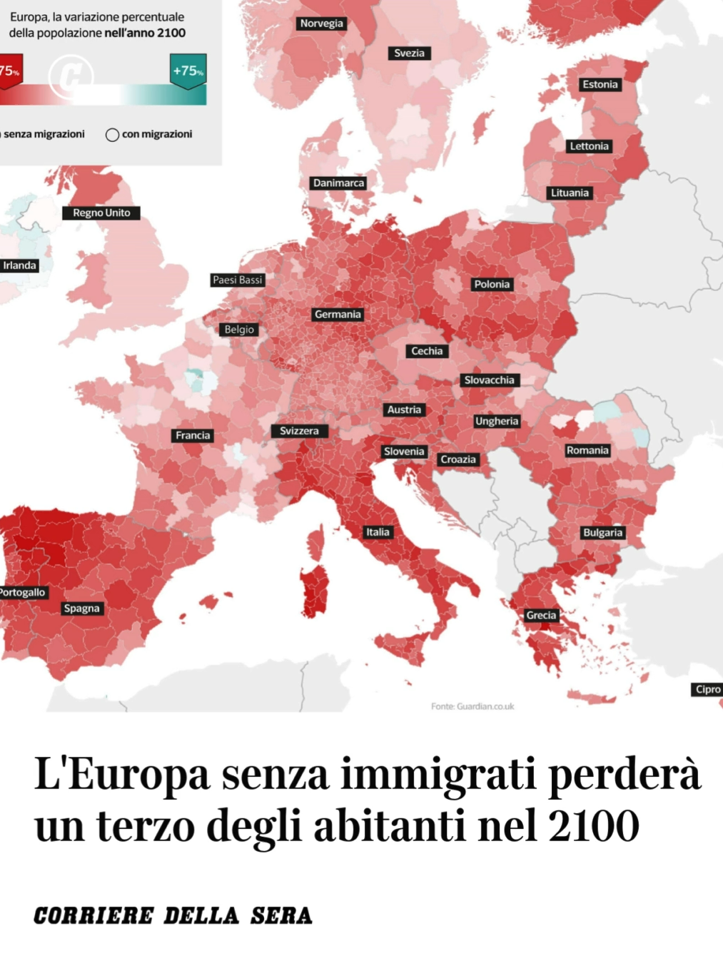 “Un fantasma si aggira per l’Europa” scrivevano Marx ed Engels. Se va avanti così, non resterà neppure un fantasma. Il declino demografico del nostro continente è accelerato negli ultimi anni. Il saldo tra nati e morti è negativo dal 2012 e il tasso di fecondità (numero medio di figli per donna) pubblicato da Eurostat è sceso a un minimo di 1,38 nel 2023 e, visti i dati dei singoli Stati membri, dovrebbe essere calato ulteriormente nel 2024. La bassa natalità crea uno squilibrio generazionale che si manifesta in una difficoltà per le imprese, ben evidente in Italia, nel trovare personale per rimpiazzare chi, raggiunta una certa età, deve smettere di lavorare. Inoltre, anche per l’allungamento dell’aspettativa di vita, i sistemi pensionistici si trovano in costante difficoltà finanziaria. Ma non è solo un problema finanziario: se non si fanno figli, mancano le persone che possono prendersi cura degli anziani. E le cose sono destinate a peggiorare, come segnalato anche da un recente articolo pubblicato sul Guardian sulla base di dati Eurostat. In assenza di immigrazione, la popolazione europea, dopo un leggero aumento iniziale, scenderebbe dagli attuali 447 milioni a 295 milioni nel 2100, un terzo in meno. 👉 Leggi l'articolo completo sul Corriere  #europa #immigrazione