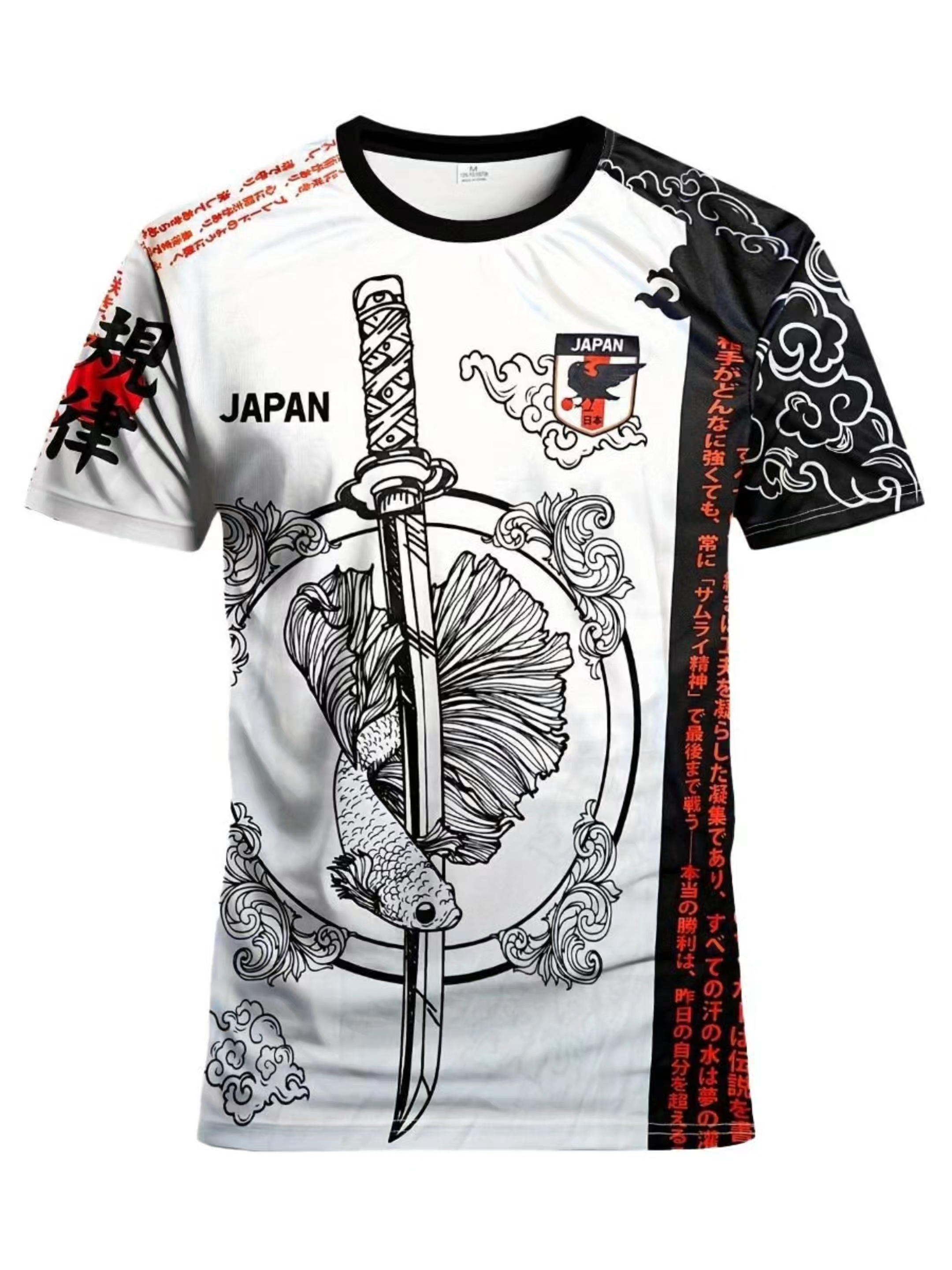 (9.9 Big Sale) Stylish and cool men's Japanese Samurai football jersey - breathable knit fabric, slim round neck outdoor sports top with sword and koi pattern, suitable for training and casual wear, football jersey with samurai sword pattern, comfortable#jersey #Japanese style