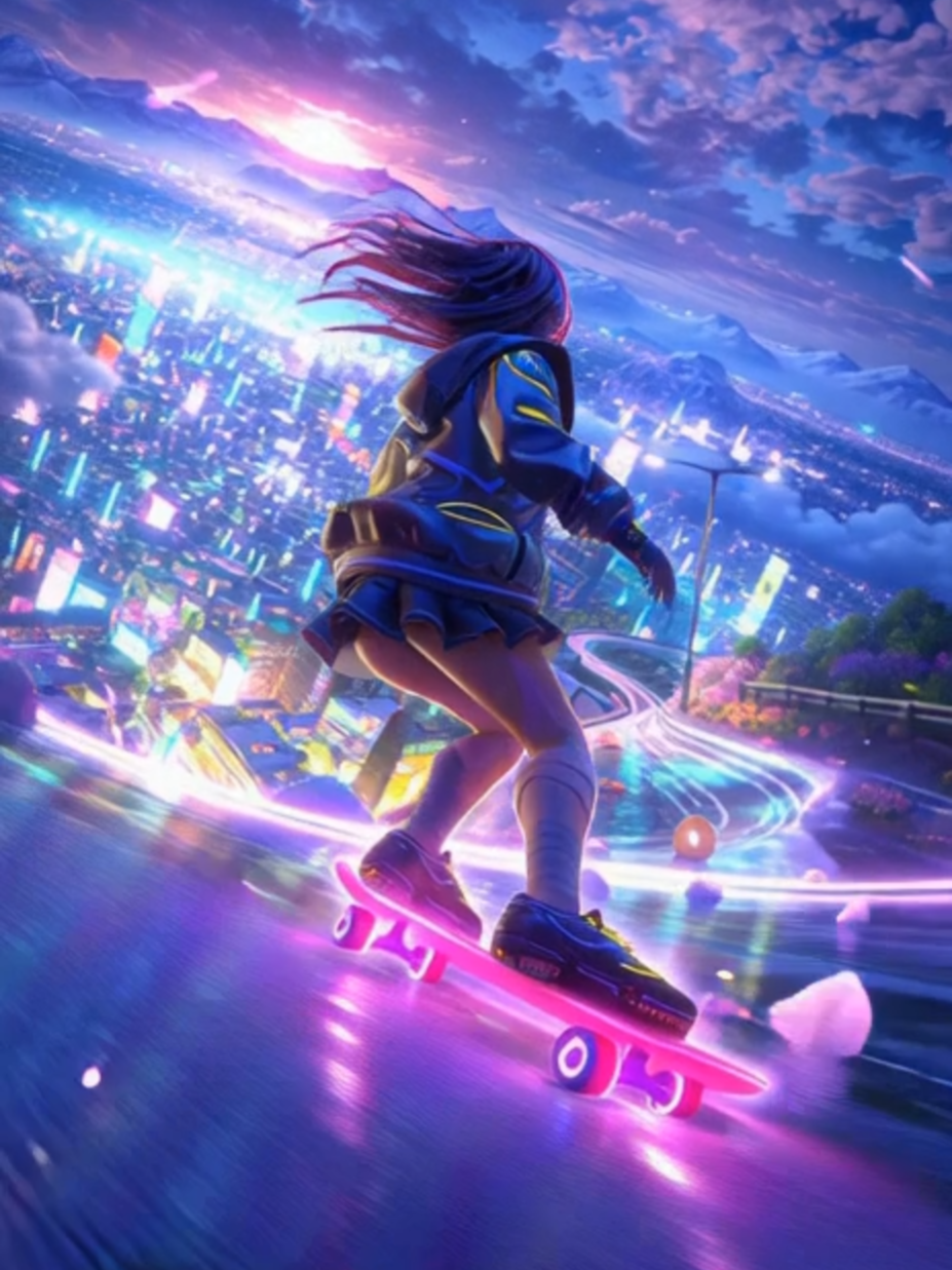 Anime girl skating #anime #girl #ai #3d #neon #city #glowingskin
