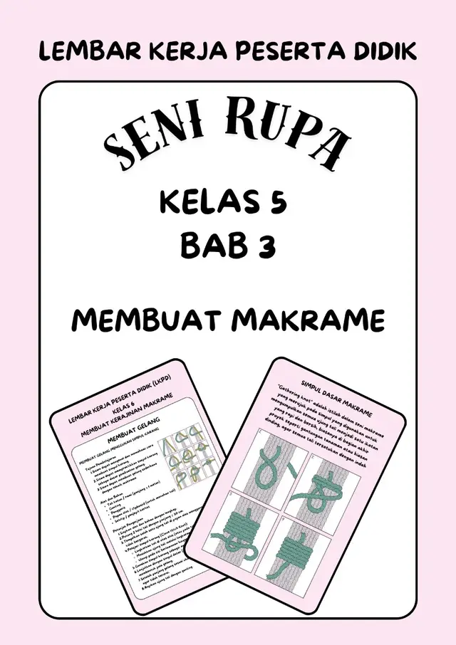 Jenis Tali untuk Makrame 1. Tali Katun (Cotton Cord) Paling populer digunakan. Teksturnya lembut, mudah ditahan dan diurai. Hasil rapi dan elegan. Cocok untuk hiasan dinding, pot gantung, hingga aksesoris. 2. Tali Rami / Tali Rami Terbuat dari serat alami rami. Tekstur agak kasar dan kuat. Cocok untuk kerajinan bergaya rustic atau natural 3. Tali Jute (Goni) Terbuat dari serat goni. Kuat, tahan lama, berwarna cokelat alami. Cocok untuk dekorasi rumah bernuansa tradisional. 4. Tali Nilon / Polyester Licin, kuat, dan tahan air. Cocok untuk gantungan kunci, tas, atau kerajinan luar ruangan. 5. Benang Wol atau Akrilik Tekstur lembut dan ringan. Warna bervariasi. Cocok untuk aksesoris kecil seperti gelang atau gantungan hias. 6. Tali Paracord Biasa digunakan pada kegiatan outdoor. Sangat kuat, tahan lama, dan banyak warna. Cocok untuk gelang survival atau tas makrame modern. ✨ Tips Memilih Tali Makrame Untuk pemula → gunakan tali katun yang berukuran agak tebal (3–5 mm) agar simpul mudah terlihat. Untuk detail halus → gunakan benang wol atau katun tipis. Untuk kekuatan → gunakan tali rami, nilon, atau paracord. #makrame #senirupa #kelas6 #gurusd #lkpd 