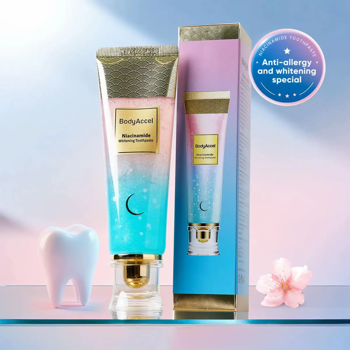 Bienfaits clés de BodyAccel 1. Blanchiment des dents et élimination des taches 	•	Grâce à la niacinamide (vitamine B3), le dentifrice agit efficacement contre les tâches tenaces liées au café, thé, vin ou tabac, pour un sourire visiblement plus blanc en quelques utilisations.    2. Haleine fraîche et agréable 	•	Il est formulé avec des extraits naturels de menthe, procurant une fraîcheur buccale durable.   	•	Sur certaines présentations, une fragrance pêche-fleur de cerisier est intégrée pour un arôme doux et agréable.   3. Soins doux et respectueux des gencives 	•	Composé d’ingrédients naturels tels que xylitol, Chondrus Crispus et silice hydratée, il prend soin des dents et des gencives sans être agressif.   	•	Formule sans fluor (sauf indication contraire), adaptée aux personnes sensibles au fluor.   4. Protection de l’émail et renforcement des gencives 	•	Il contribue à la réparation de l’émail et à une meilleure protection contre les caries.   	•	Des formules enrichies visent également à soulager la sensibilité dentaire, renforcer les gencives fragiles et prévenir les saignements.    5. Résultats rapides et visibles 	•	Des améliorations peuvent être observées en 2 à 4 semaines avec une utilisation régulière.  #BodyAccel #BodyA#BodyAccel #BodyAccelbamakor#BodyAccelbkol#Trouvezbodyaccelàbamako