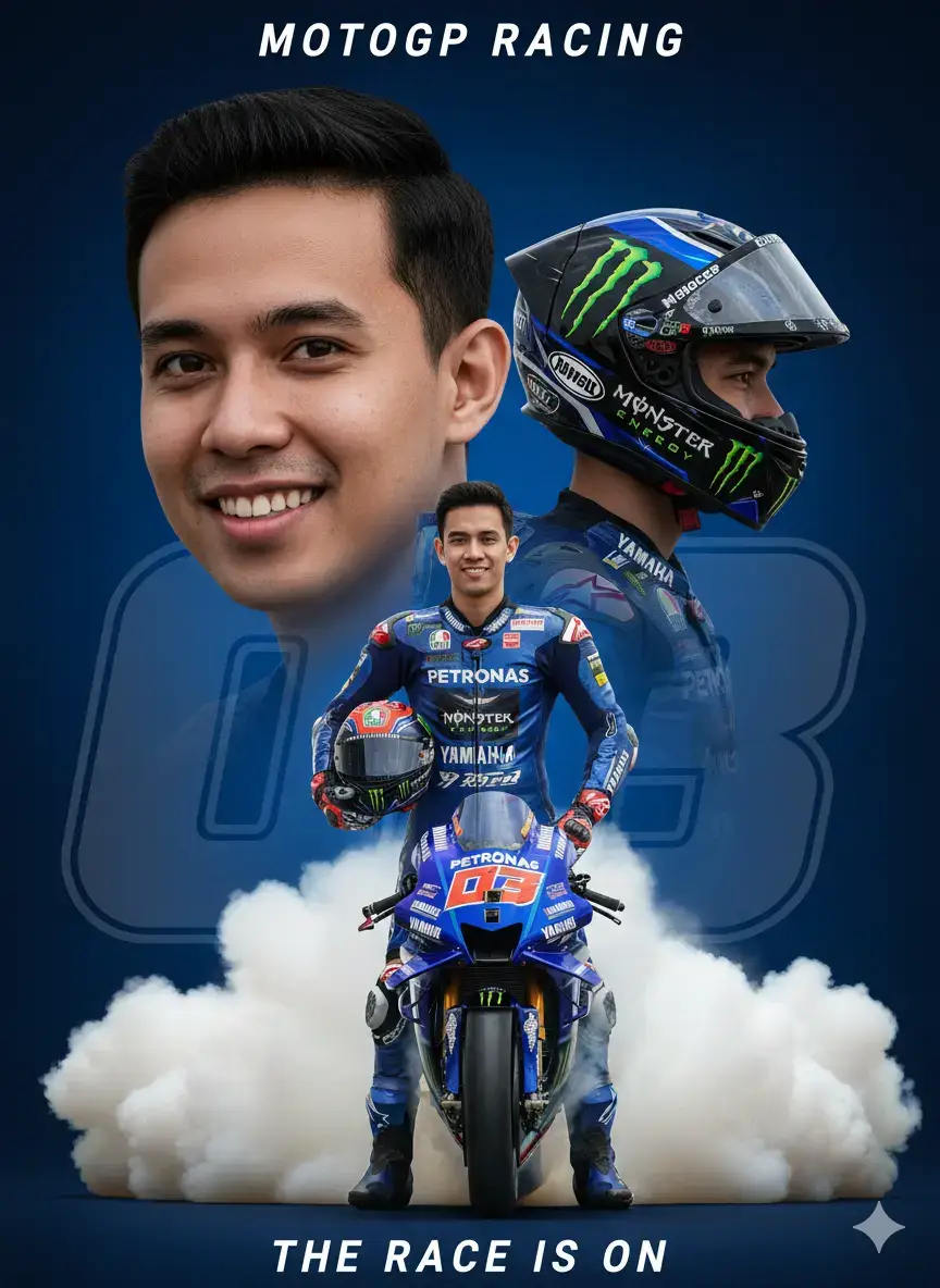 Step 1: Buka gemini.google.com Step 2 : Upload Gambar Anda Step 3: Copy Paste Prompt  PROMPT: Create a cinematic MotoGP poster featuring [see image]. Keep the face, hair, shape, and angles of the original exactly as shown. Show the person in three perspectives: a close-up portrait without a helmet, a side view wearing a MotoGP-style racing helmet, and a full-body shot wearing a MotoGP racing suit with sponsor logos. At the bottom, place a Yamaha MotoGP Racing Bike doing a burnout with smoke around the tires. The bike should display the racing number '03' clearly on the nose and sides. Use a bold Blue background with a large racing number '03' behind the character. The overall style should be ultra-realistic, high-resolution, cinematic, and have the feel of a professional sports poster. #ai #edit #geminiai #aiedit #fypindonesia