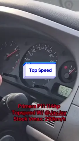Primera P11 114hp  Topspeed W/ @JayJay  Stock Vmax: 210km/h #primerap11 #viral #topspeed #autobahn #fyp  The Top Speed Of My Nissan Primera P11 is at least 210 as we Figuren out with three persons in the car. My Primera was built in 1999 and first registered in 2000.  114 hp and 1.8 liters engine size and 5 speed manual.  According to @nissan the topspeed is 196km/h. Ok we turned Off the a/c and the radio ;).  Disclaimer: this is No Self race or street race! Always Drive responsible!