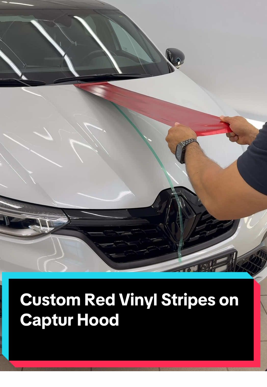 Custom Red Vinyl Stripes on Captur Hood In this tutorial, we show how to add sporty red stripes on the hood of a Renault Captur. The car is totally black, but already has red accents on the rims and interior — so these vinyl stripes fit perfectly and give it a bold, premium look. Step by step process: ✂️ Cut the vinyl film into the right measurements. 🧼 Clean the hood surface carefully for perfect adhesion. 📏 Apply knifeless tape exactly in the middle of the hood. 🔴 Lay down the red vinyl film, smooth it without bubbles. 🔥 Use a heat gun for better adhesion and durability. ✂️ Cut along the middle using the knifeless tape. ➡️ The result: two thin, perfectly straight stripes instead of one boring wide one. 💡 The two extra thin stripes (about 100 cm long) can also be reused for other accents — on the mirrors, side panels, or anywhere else you want. 👉 This method is simple, safe, and fully customizable. Pick any color, apply your imagination, and create unique accents for your car. #RenaultCaptur #CarWrap #VinylWrap #Wrapping #Detailing